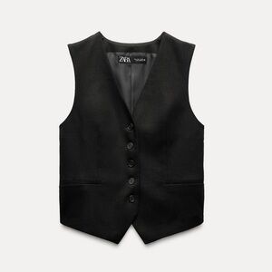 Zara Tailored Linen Blend Vest Waistcoat In Black Size XL